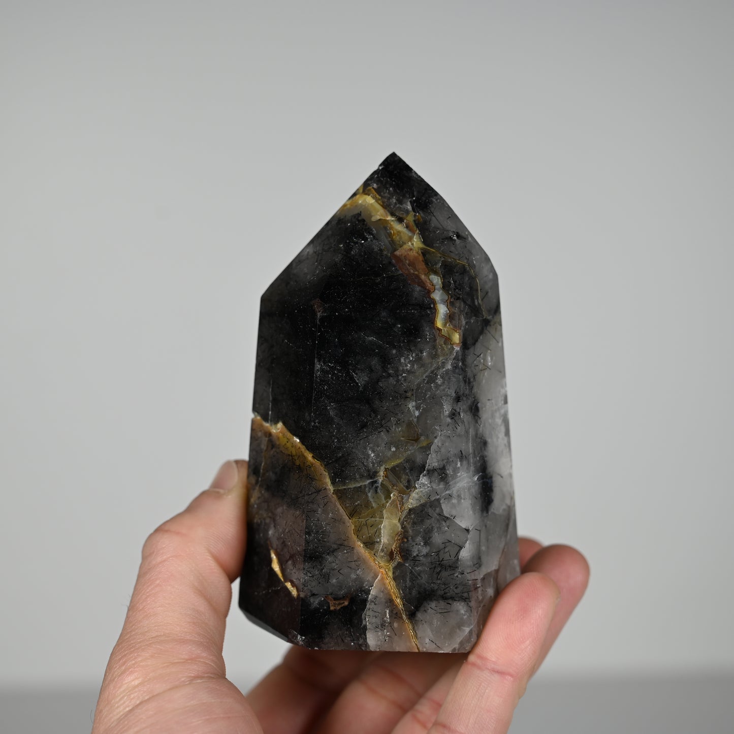 Spooky Mosaic Black Chalcedony Quartz Tower