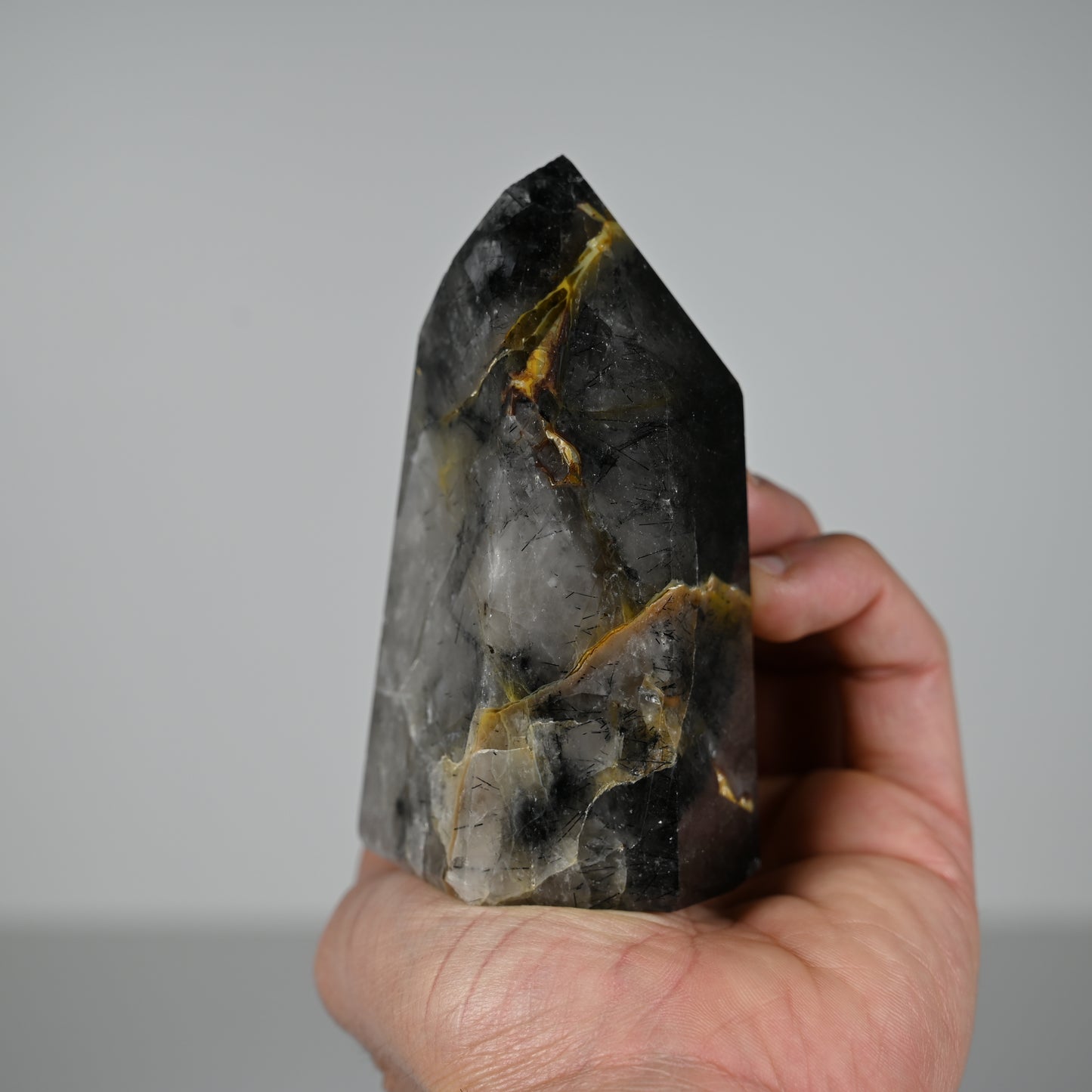 Spooky Mosaic Black Chalcedony Quartz Tower