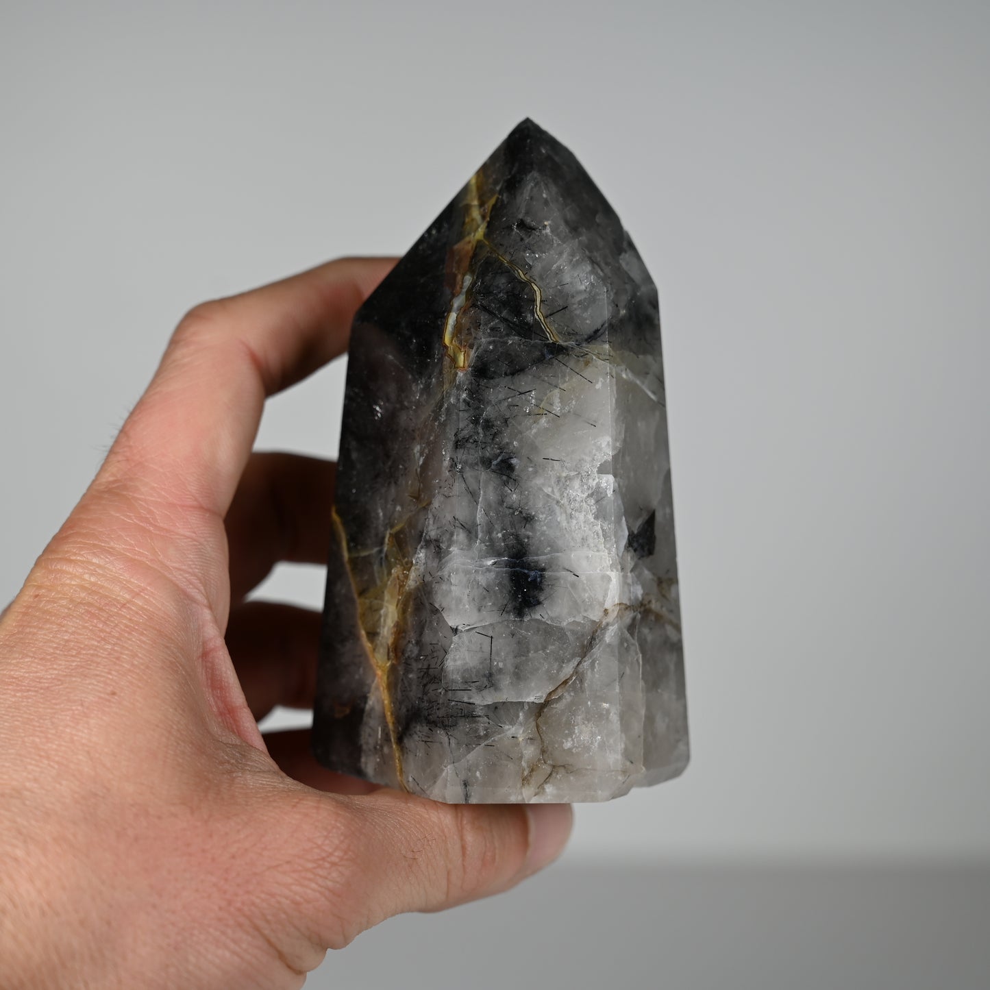 Spooky Mosaic Black Chalcedony Quartz Tower
